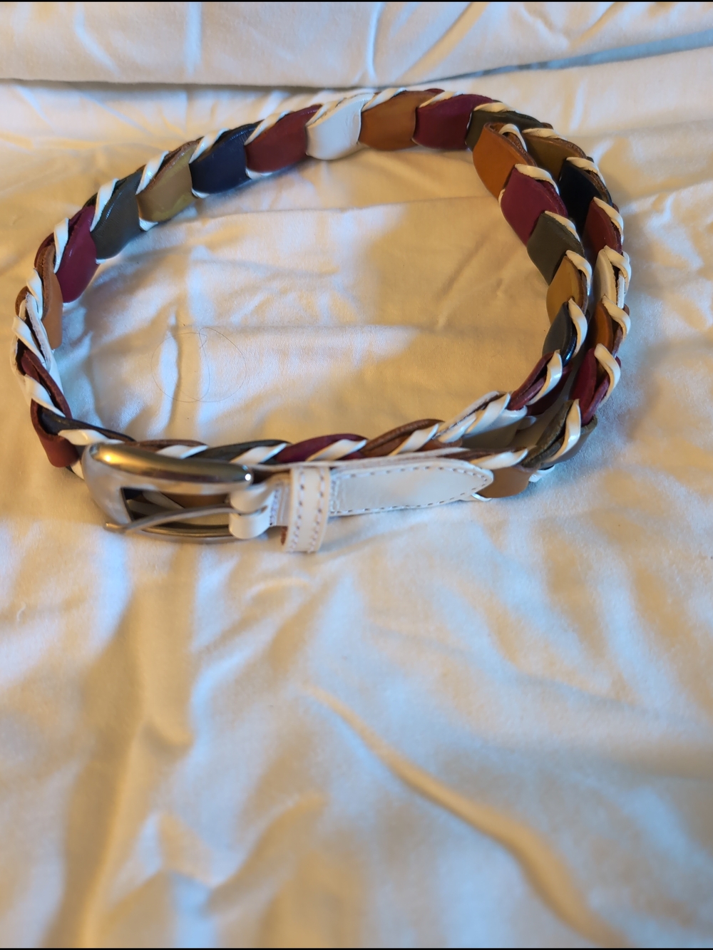 Braided Multicolor Leather Belt with White Trim